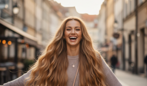 European woman with clip-in Russian hair extensions
