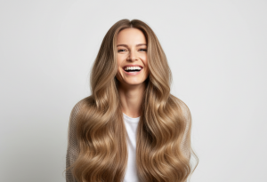 candid-style studio shot of a happy European woman wearing weft Russian hair extensions