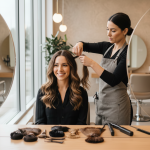 a photo of a woman visiting a salon for hair extensions